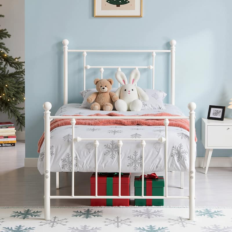 VECELO Metal Platform Bed Frame with Headboard and Footboard Heavy Duty Slat Support Underbed Storage Space Victorian Style - White - Twin