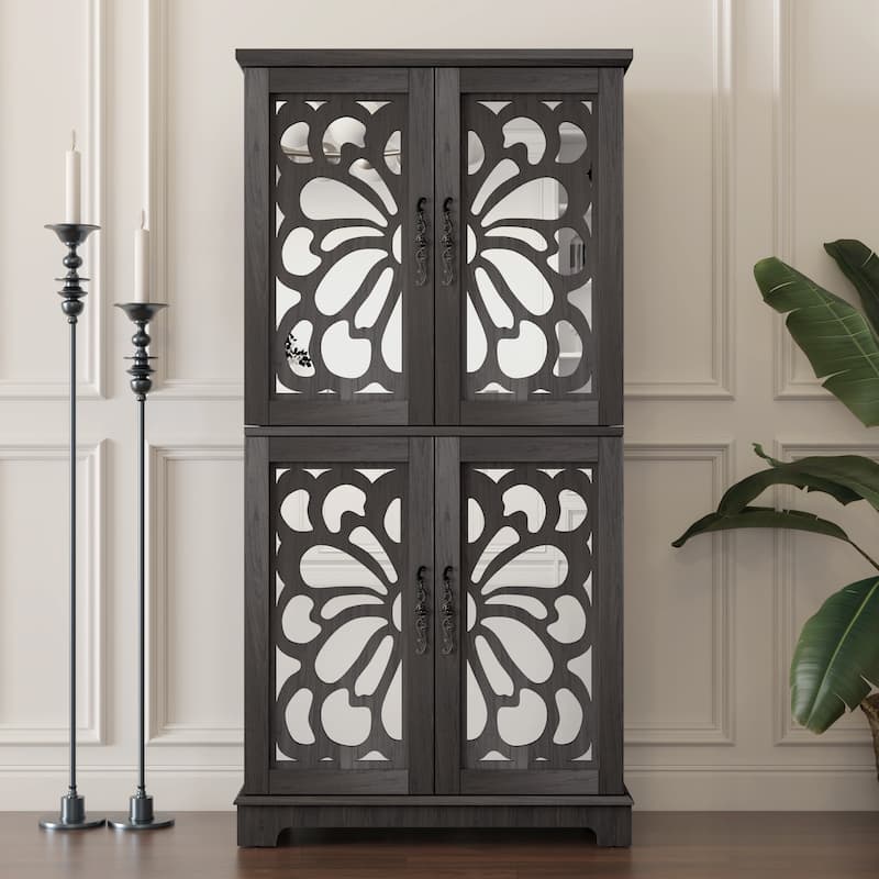 Display sideboard buffet with 4 Acrylic Mirrored doors, Adjustable Shelves storage Cabinet for Kitchen, Living Room - Dark Brown