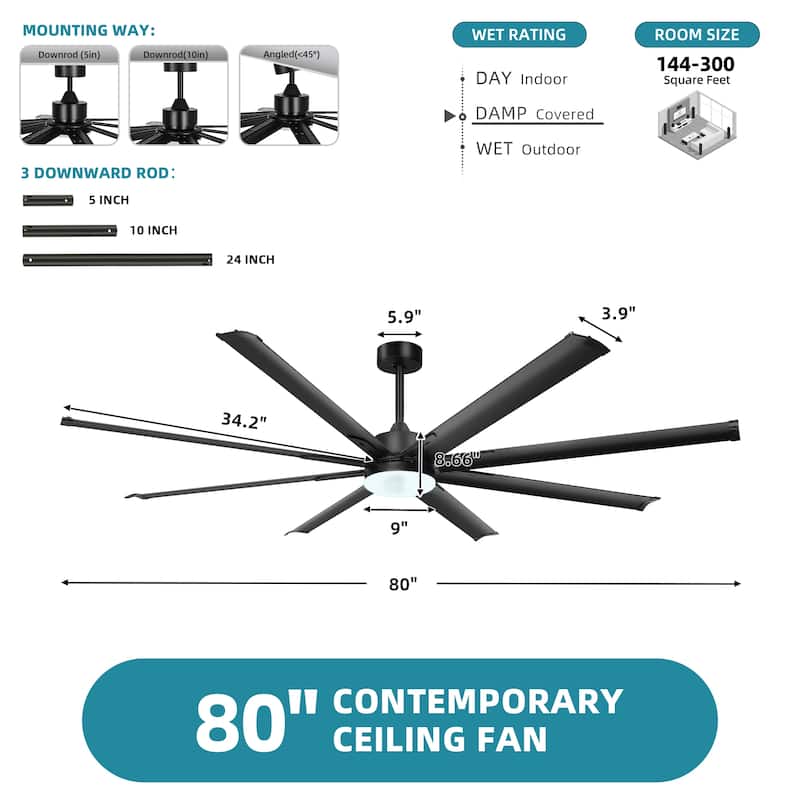 80 Inch Large Industrial Ceiling Fan with Light and Remote