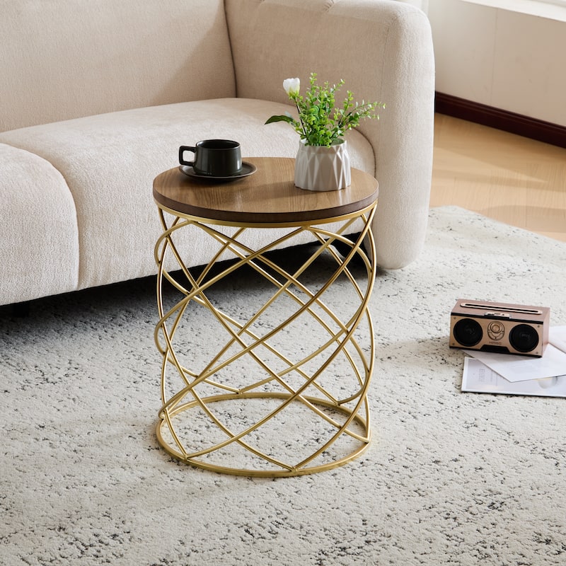 Modern Birdcage Shaped Side Table Golden Accent Table with Wood Round Top and Metal Mesh Base, Indoor Small End Table