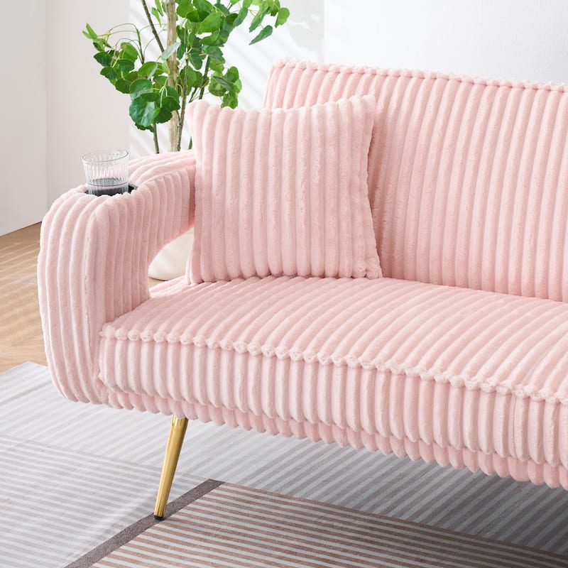Loveseat Sofa, Adjustable Backrest Corduroy Love Seat Bed w2 Cup holder & 2 Pillows Living Room 2-seat Hollow Armchair
