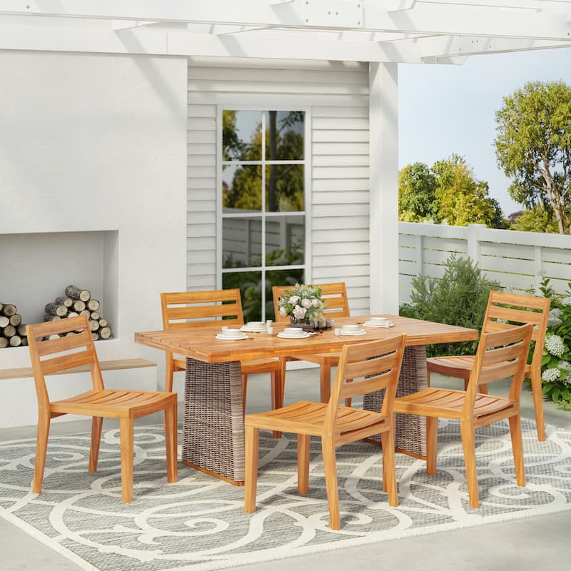 Christopher Knight Home - Voss Acacia Wood Slatted Outdoor 7 Piece Dining Set with Rattan Legs - Teak Finish+Brown Wicker