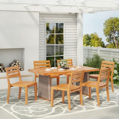 Christopher Knight Home - Voss Acacia Wood Slatted Outdoor 7 Piece Dining Set with Rattan Legs