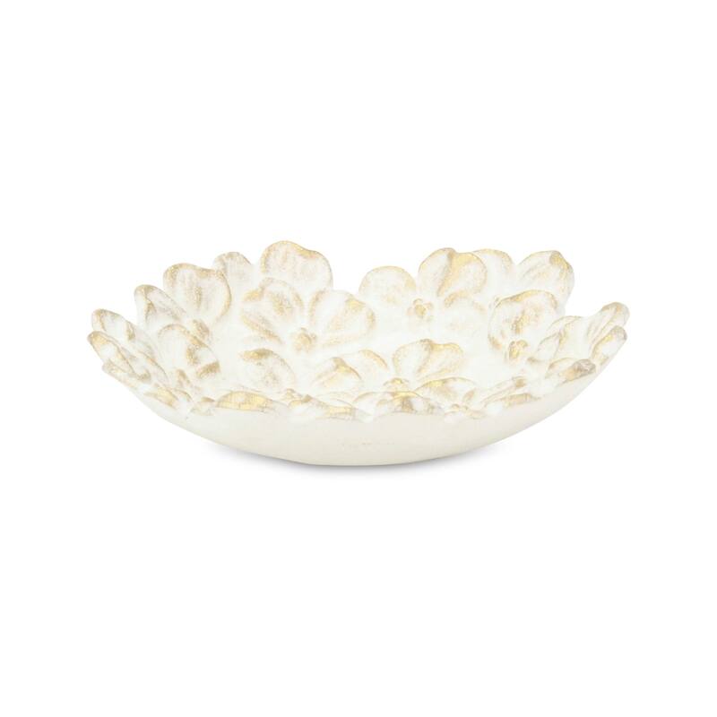 HomeRoots 7" White And Gold Cast Iron Flower Round Trinket Tray - 7.00 in. x 1.62 in. x 7.00 in.