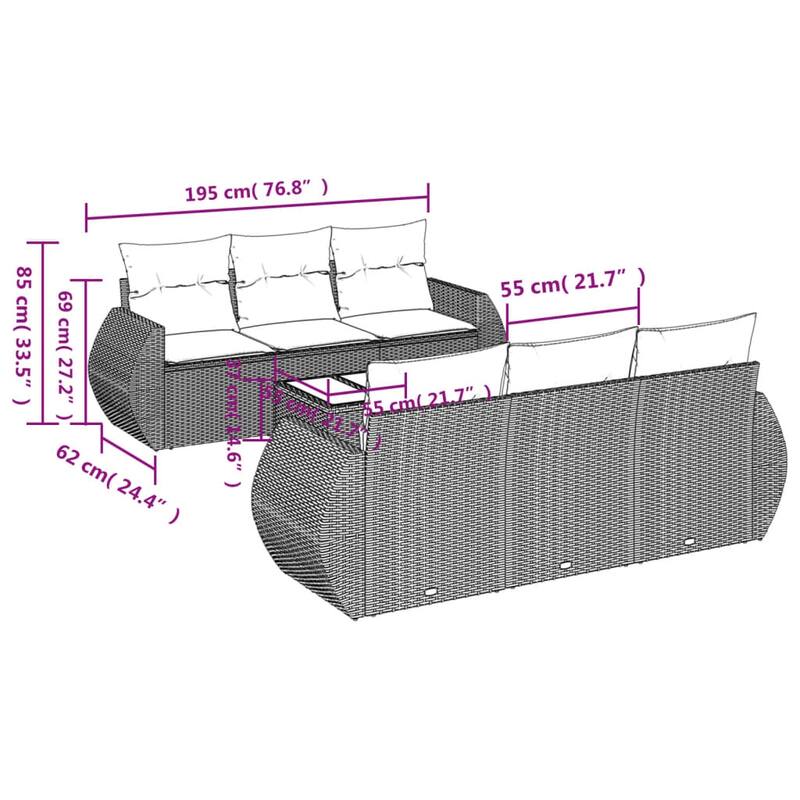 vidaXL Patio Sofa Set with Cushions Outdoor Furniture 7 Piece Poly Rattan - 21.7 x 24.4 x 27.2