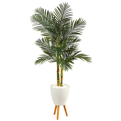 70" Golden Cane Artificial Palm Tree in White Planter with Stand - 21"