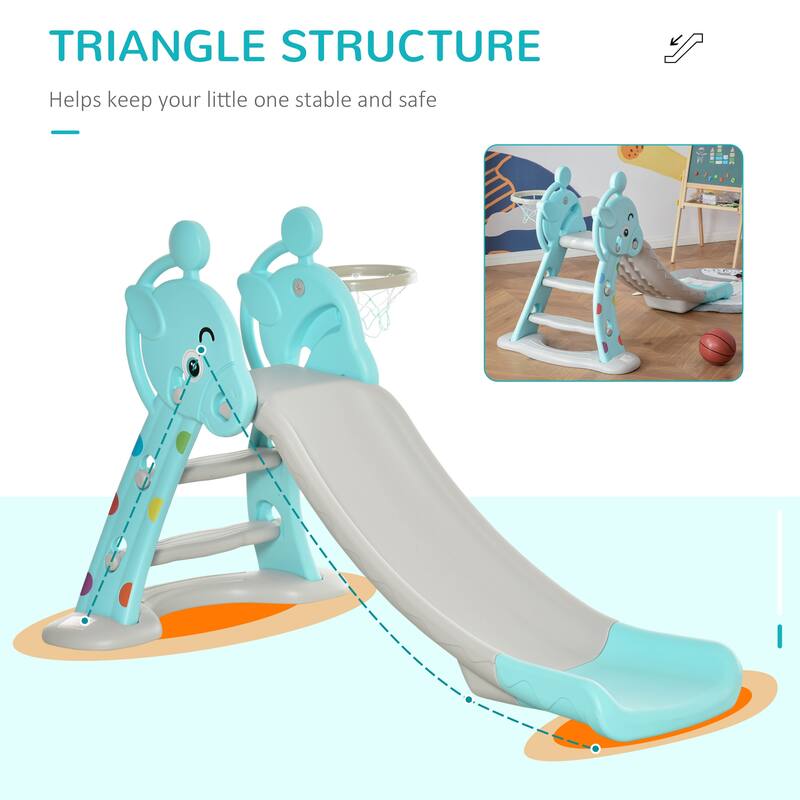 2 in 1 Kids Slide with Hoop Foldable Deer Shaped 18M-4Y Includes Ball Pump Blue