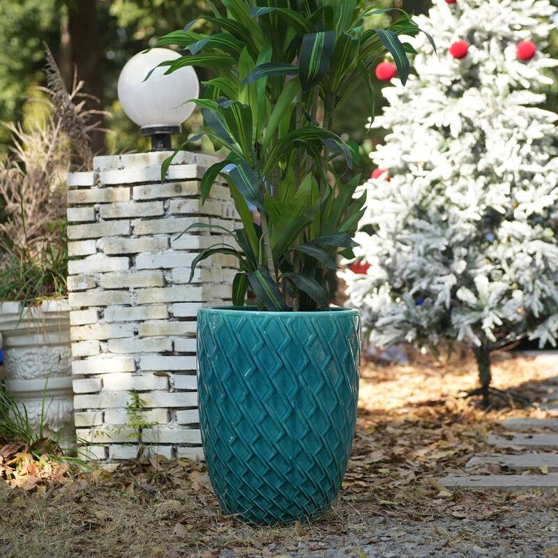 Elegant Ceramic Pot with Diamond Pattern for Indoor-Outdoor Plants - Cyan