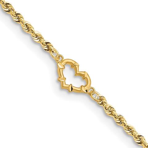 14k Yellow Gold 10mm Diamond-cut Open Heart Rope Anklet, 9"