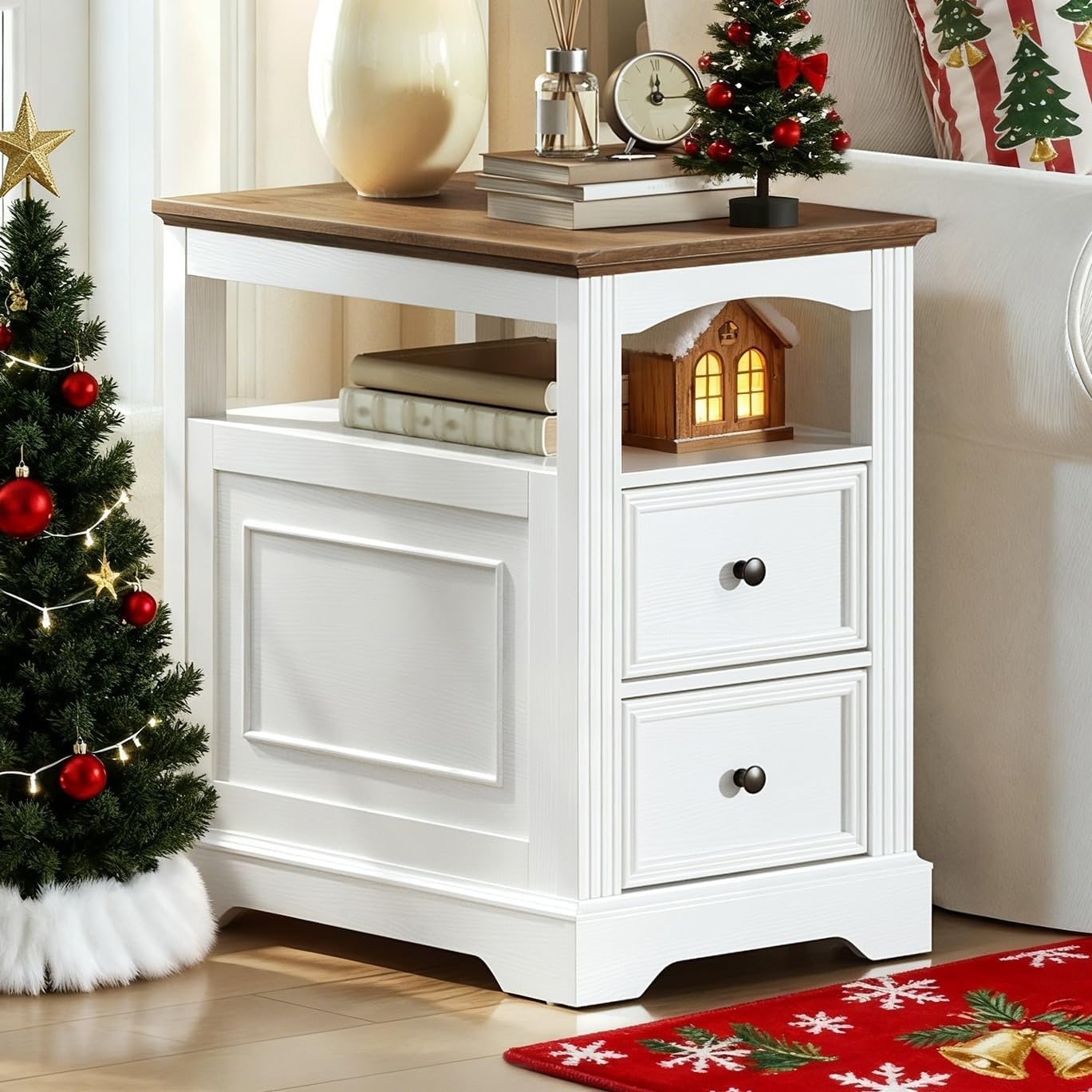 Farmhouse End Table with 2 Drawers, Narrow Sofa Side Table with Storage and Open Shelf, Wooden Nightstand for Small Spaces