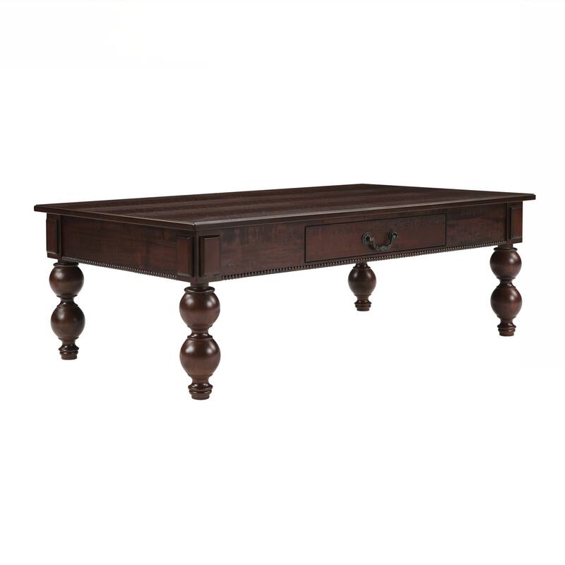 Rectangular Wooden Coffee Table with Storage Drawer, Vintage Cocktail Table with Solid Wood Gourd-Shaped Legs for Living Room