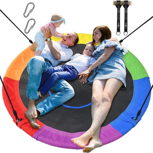 slide 2 of 8, 60" Large Saucer Tree Swing for Kids Adults 900D Oxford Waterproof with 2pcs Hanging Straps-Rainbow
