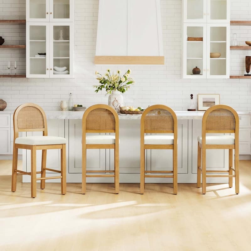 Spruce & Spring Esme Boho Upholstered Rattan Counter Bar Stool with Wood Frame - Set of 4 - Walnut