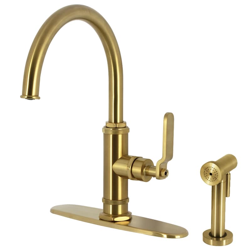 Kingston Brass Whitaker Single-Handle Deck Mount Kitchen Faucet with Brass Sprayer - Brushed Brass