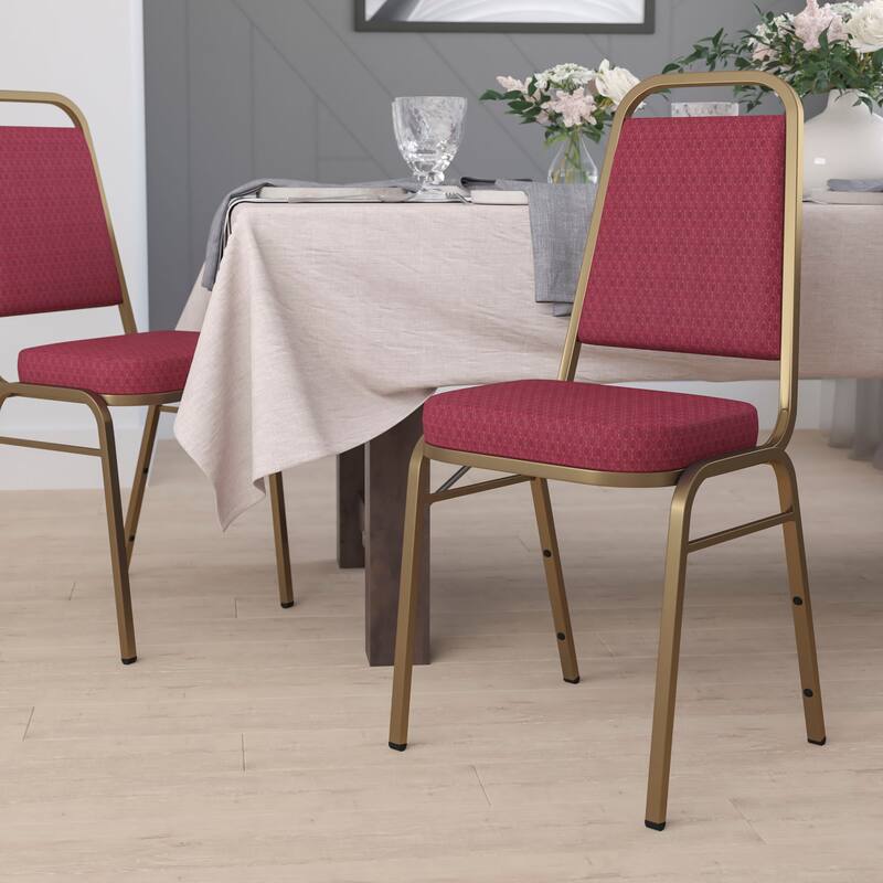 Trapezoidal Back Stacking Banquet Chair with 2.5" Thick Seat - 20.25"D x 17.5"W x 36"H - Burgundy Patterned Fabric/Gold Frame