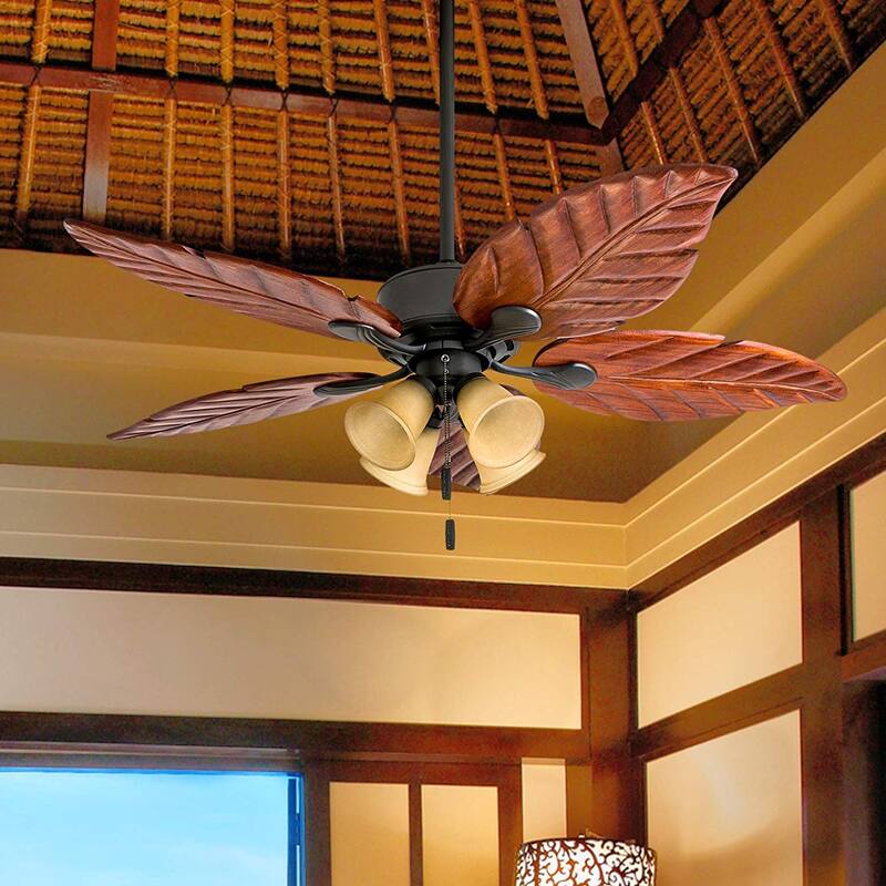 52" Honeywell Royal Palm Bronze LED Ceiling Fan with Light, Hand Carved Solid Wood Blades