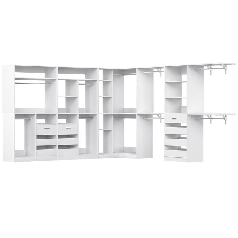 Qvella 72''-204'' Corner Closet System with 10 Wooden Drawers and 10 Hanging Rods, Walk-in Closet Organizer Wardrobe Rack