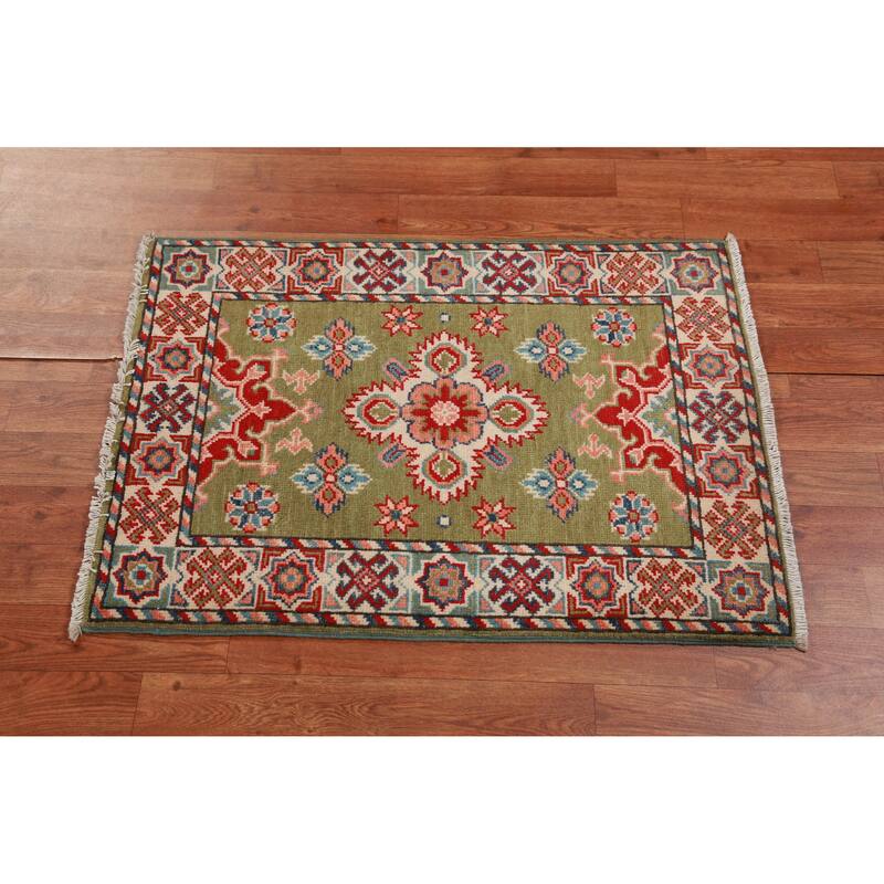 Green Geometric Kazak Oriental Rug Hand-Knotted Wool Carpet - 2'0"x 3'0"