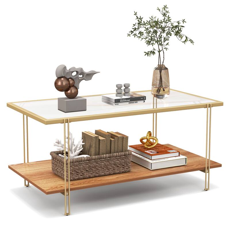 Gold Engineered Wood and Steel Coffee Table with Tempered Glass Top and 2-Tier Storage - 39.5" x 20" x 18" (L x W x H)
