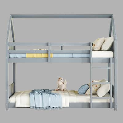 Wooden House-Shaped Bunk Bed for Kids, Twin Over Twin with Headboards, Ladder & Safety Guardrails