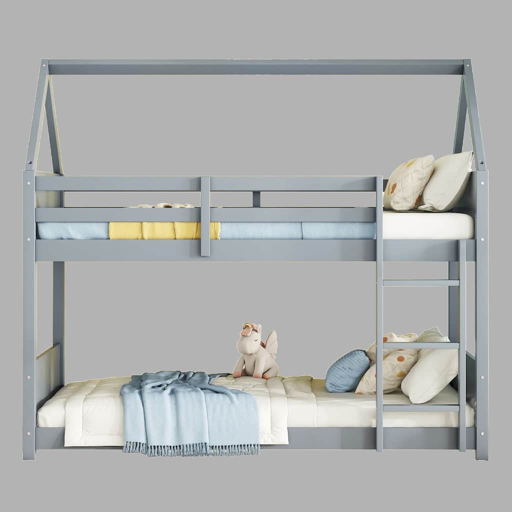 Wooden House-Shaped Bunk Bed for Kids, Twin Over Twin with Headboards, Ladder & Safety Guardrails