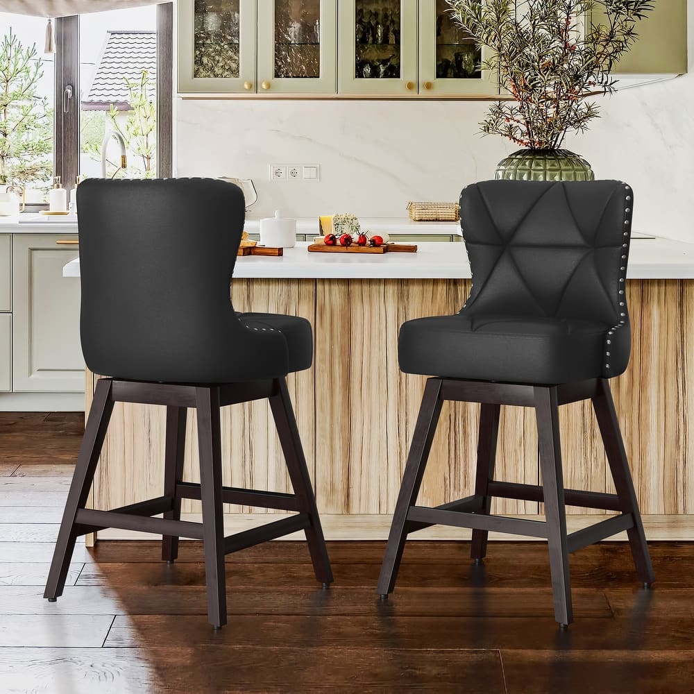 26 in. Mid-Century Modern Faux Leather ans Linen Upholstered Swivel Bar Stools with Wood Frame(Set of 2) - 20"W x 20"D x 39"H
