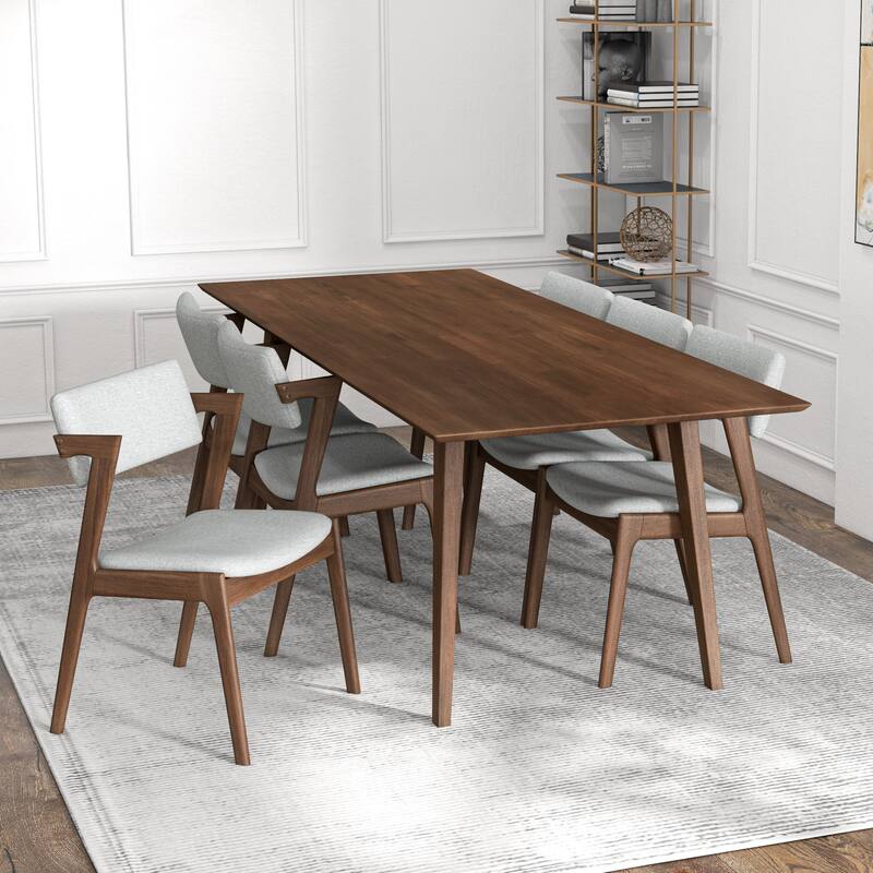 Ayven Mid-Century Style 7 Piece Solid Wood Dining Set in Walnut Brown