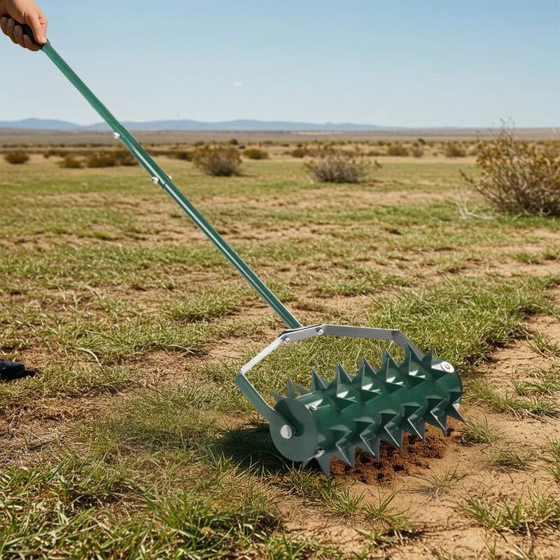 Green Lawn Aerator with Heavy-Duty Galvanized Steel Drum and Double Spikes and Rubber Handle - (17.3 x 6.7 x 59.8) in