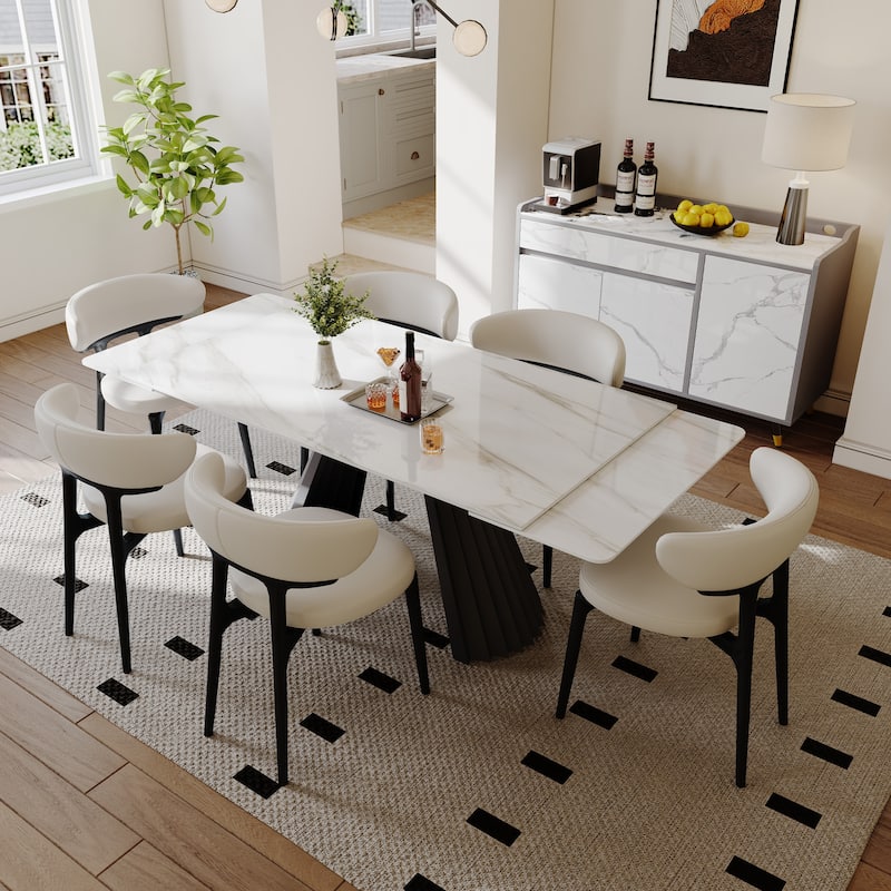63-95" Extendable Modern Dining Table for 6-10, White Glossy Sintered Stone Tabletop