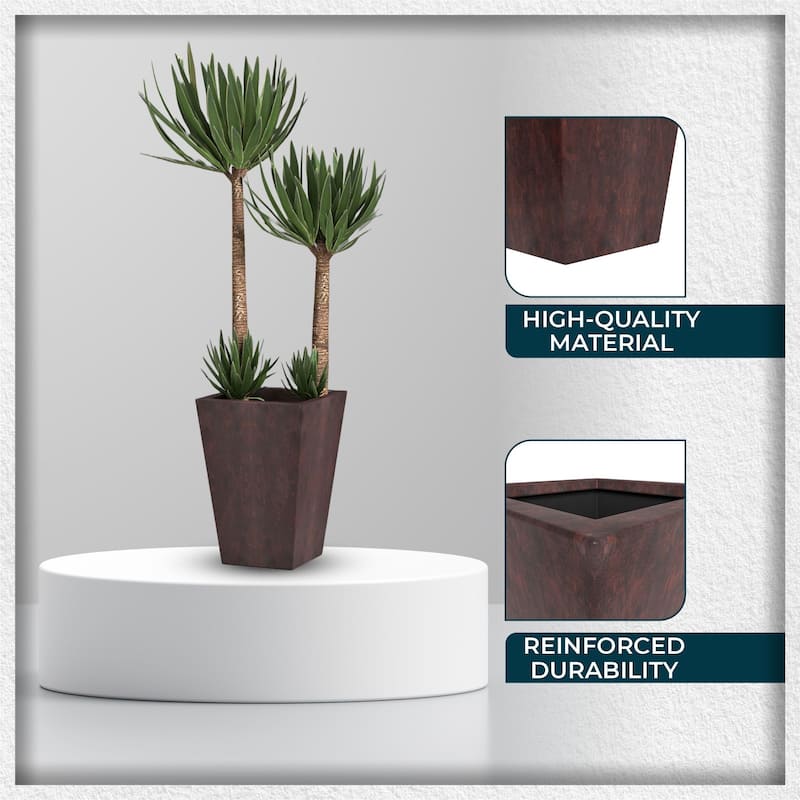 Serene Modern Square Tapered Fiberstone MGO Planter with Drainage Holes, Cover & Weather-Resistant Indoor Outdoor Plant Pot