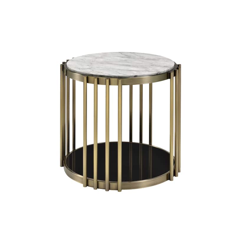 Roberts Glam Brass and White 26-inch Faux Marble 1-Shelf Drum Side Table by Furniture of America