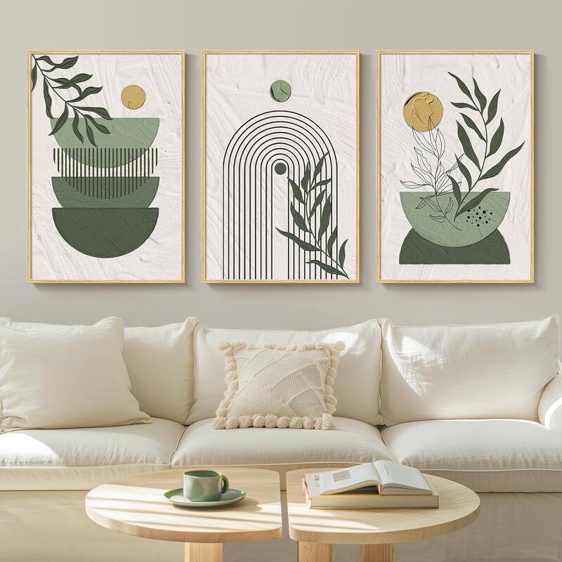 Framed Sage Green Large Boho Canvas Wall Art