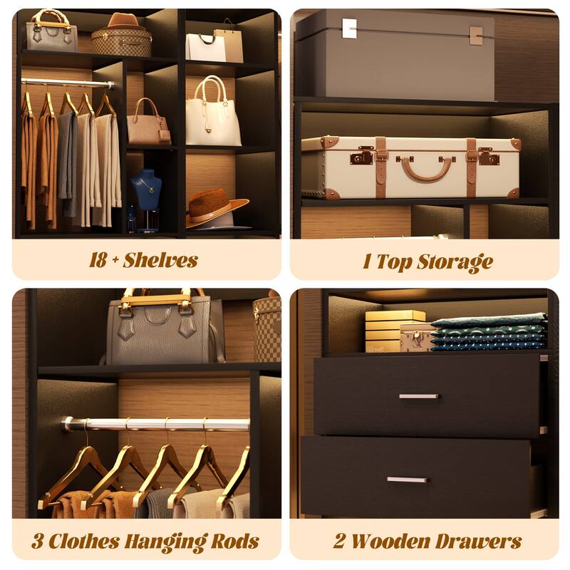 Rackcog 63.2'' W Corner Closet System with 2 Wooden Drawers and 3 Hanging Rods, Walk-in Closet Organizer with 12 Storage Shelves