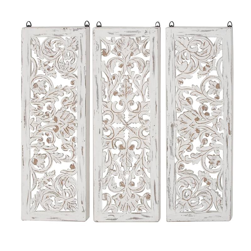 White Wooden Handmade Intricately Carved Floral Home Wall Decor (Set of 3)