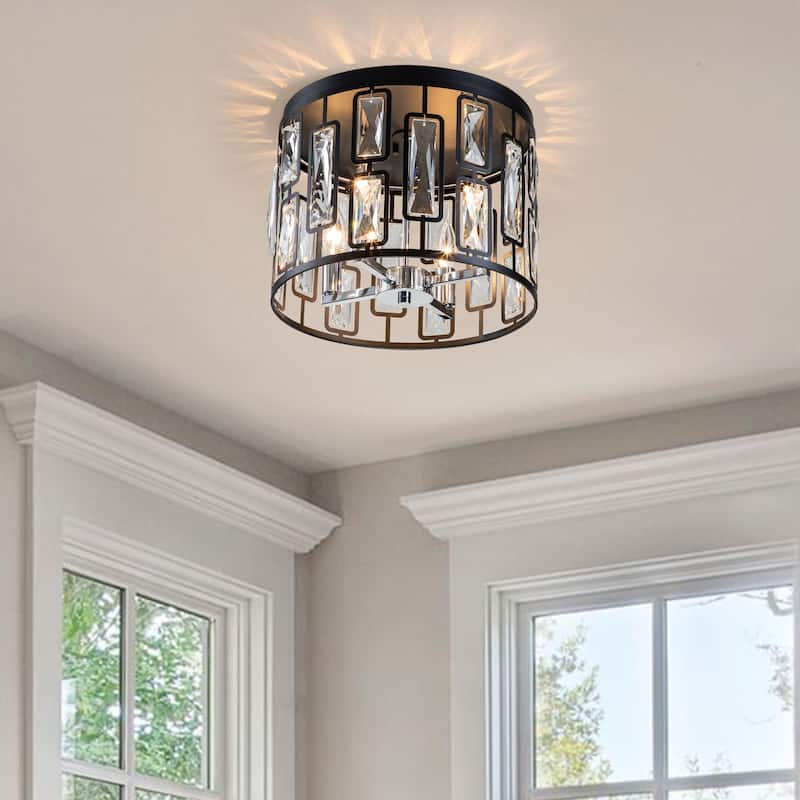 C Cattleya 4-Light Black Flush Mount with Clear Crystals - W13"xL13"xH9.75" - W13"xL13"xH9.75"
