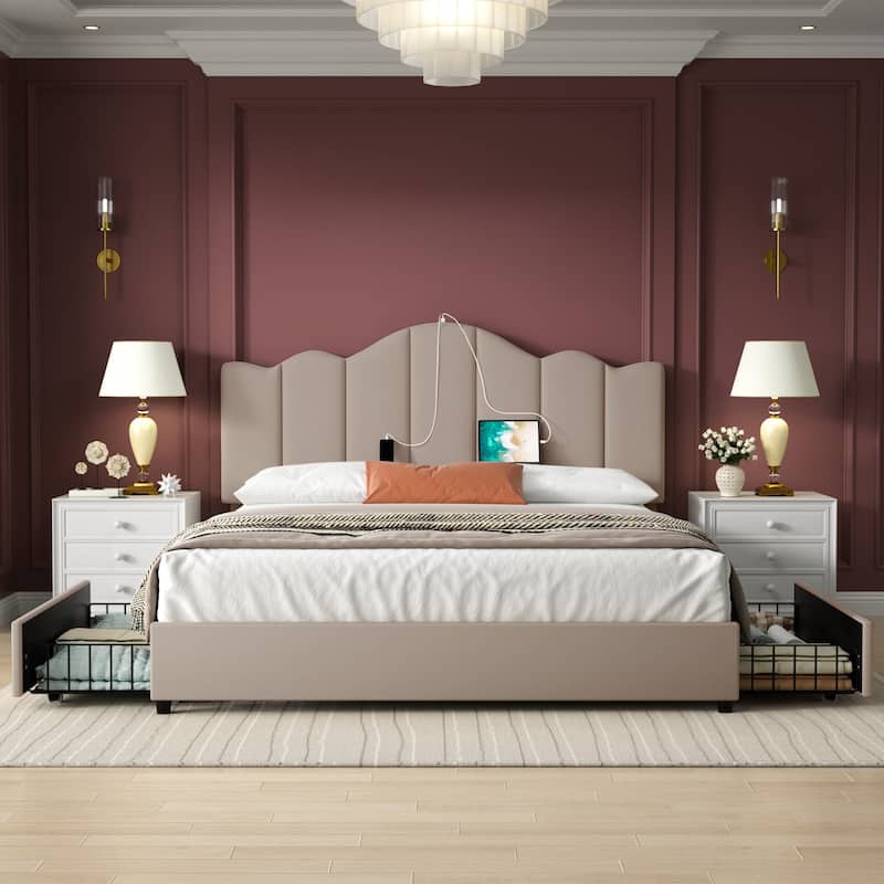 VECELO Upholstered Storage Bed Frames with Charging Stations and 4 Rolling Drawers on Both Sides Vertical Stripe Design