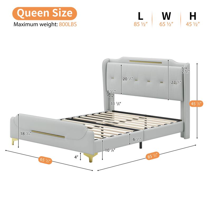 Queen/King PU Leather Upholstered Platform Bed with Wingback Headboard & Footboard, Gold Metal Accents and Wooden Slats