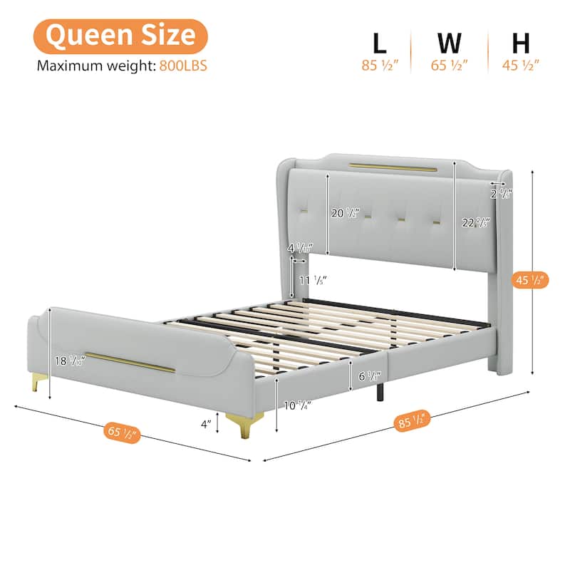 Queen Size PU Leather Platform Bed with Wingback Headboard, Footboard, and Solid Wood Slats