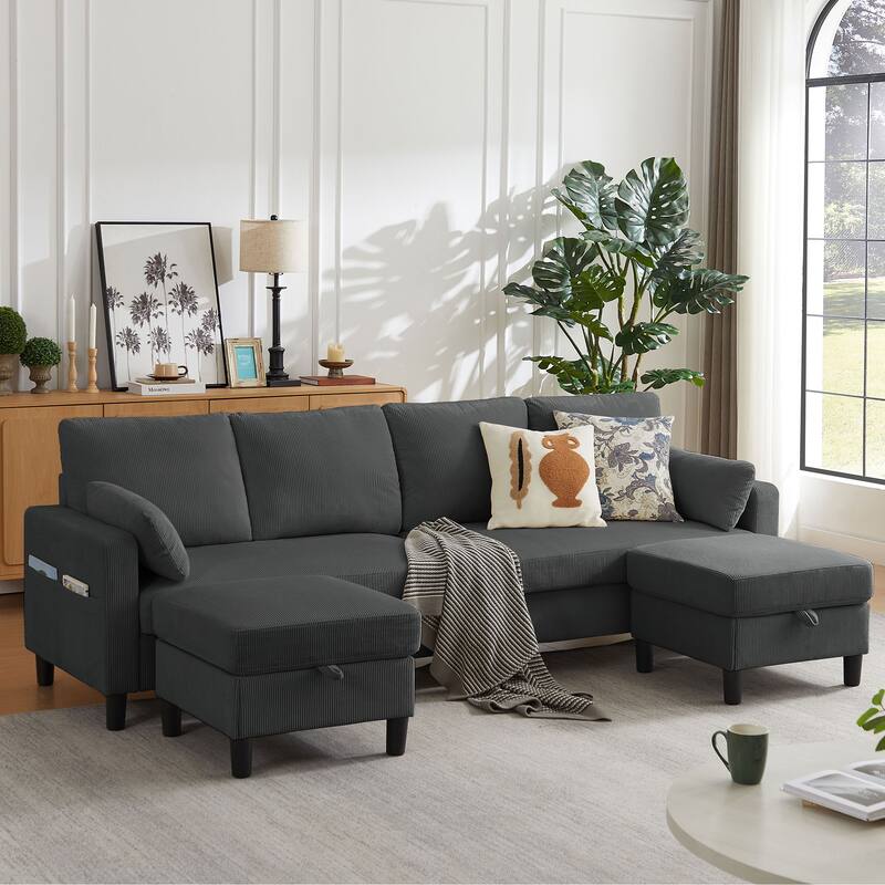 101" Corduroy U Shaped Sectional Sofa with Storage Ottoman