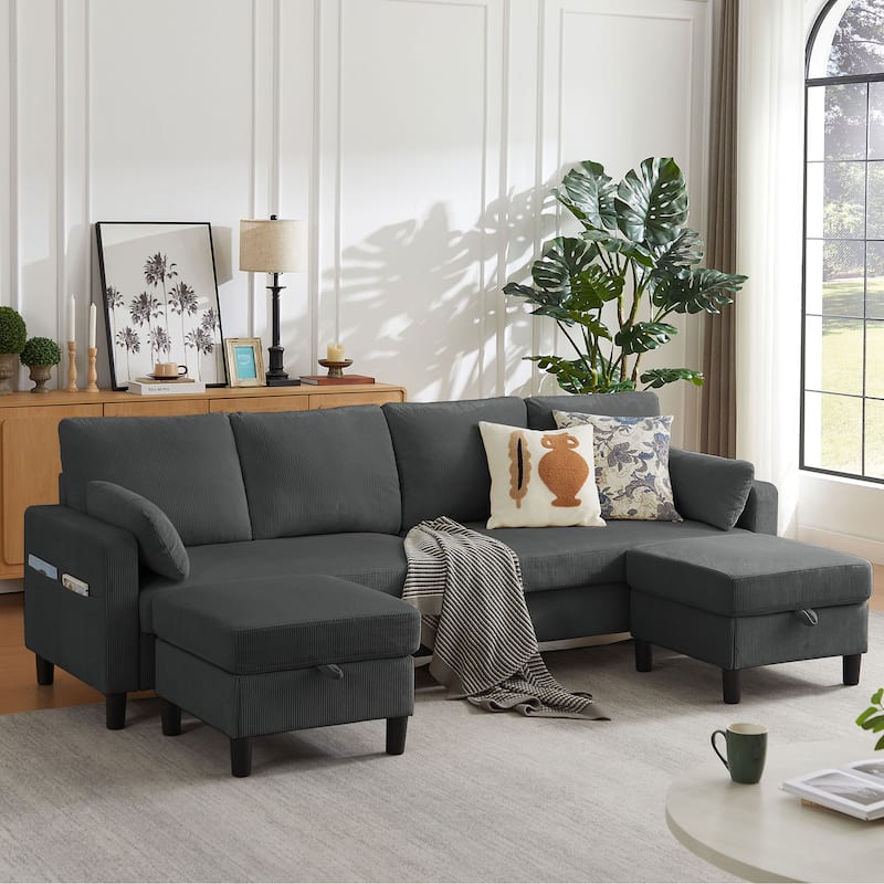 101'' Corduroy Upholstered Sectional Sofa With Storage Ottoman