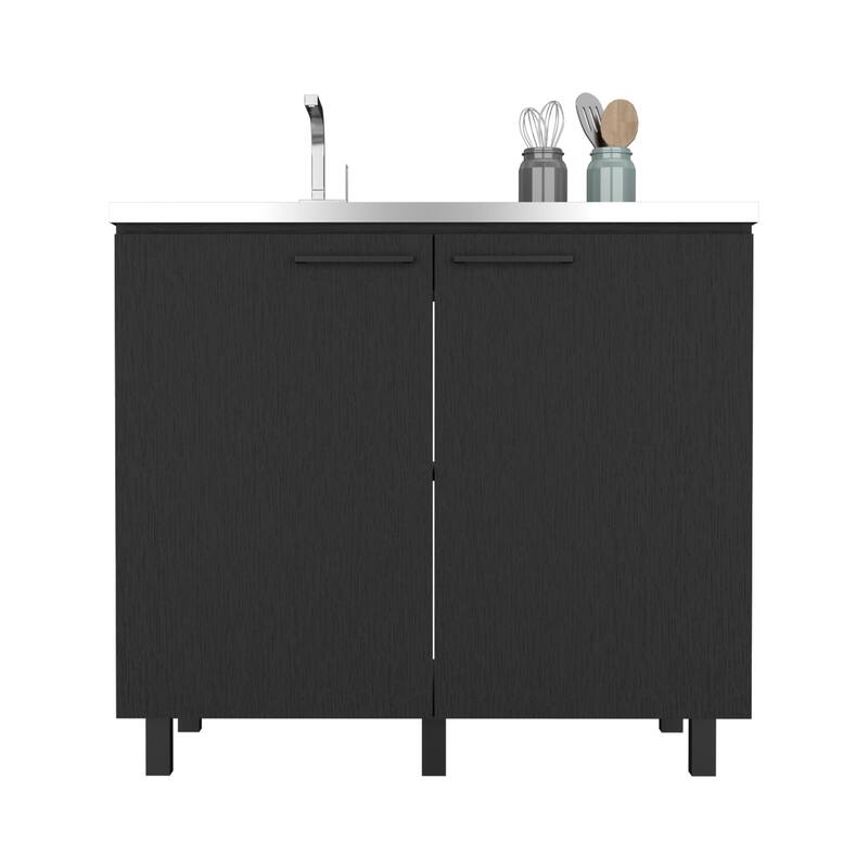 2-Door Freestanding Utility Base Cabinet with Stainless Steel Countertop, Black Finish, Large Shelf for Storage