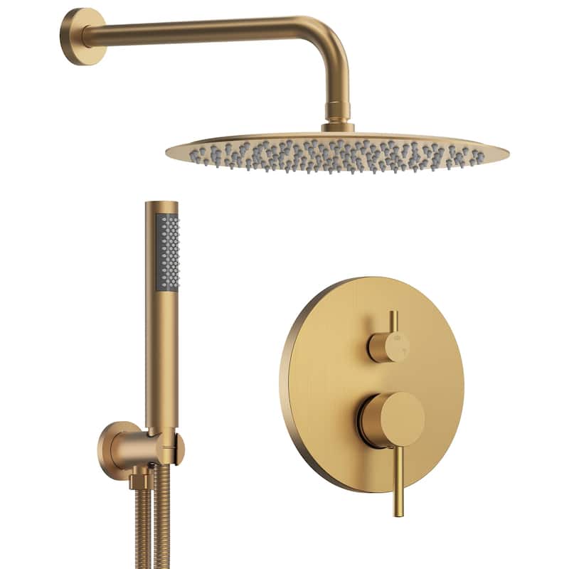 GRANDJOY Shower System 10 inch Wall Mount Rain Shower Head with Handheld Spray Combo Round - Brushed Gold