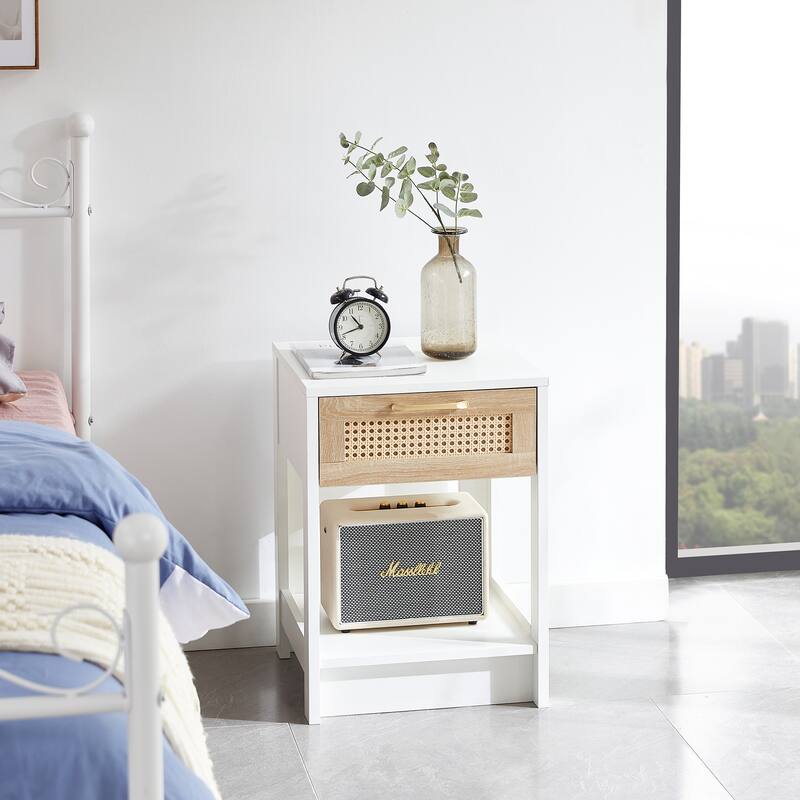 15.75" Rattan End table with drawer, Modern nightstand, side table for living roon, bedroom,natural