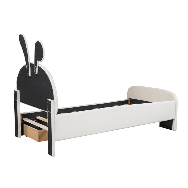 Velvet Platform Bed with Rabbit-Shaped Headboard,Drawers and Bed-End Storage Pocket