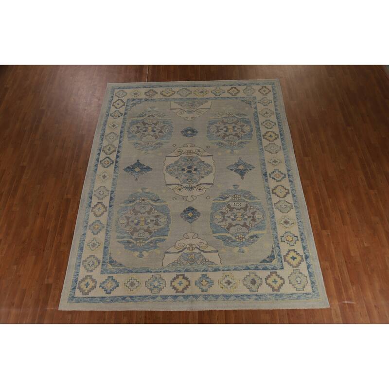 Hand Knotted Oriental 100% Wool Carpet Transitional All-Over Beige & Ivories Oushak Area Rug - 10' 9'' X 8' 5''