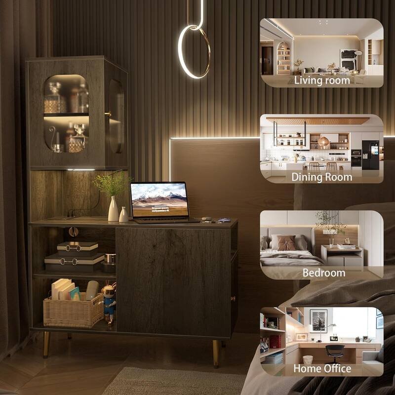 Reversible Corner Storage Cabinet with LED Lights and Power Outlets and Doors,Bed Side Table,Sofa Side Table