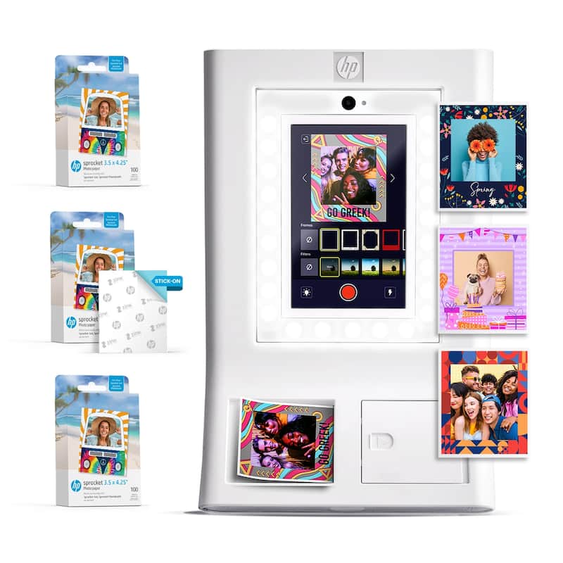 HP Sprocket Photobooth 3x4" Photo Printer (White) Bundle w/3.5 x 4.25” Zink Photo Paper (300 Sheets) - White - White