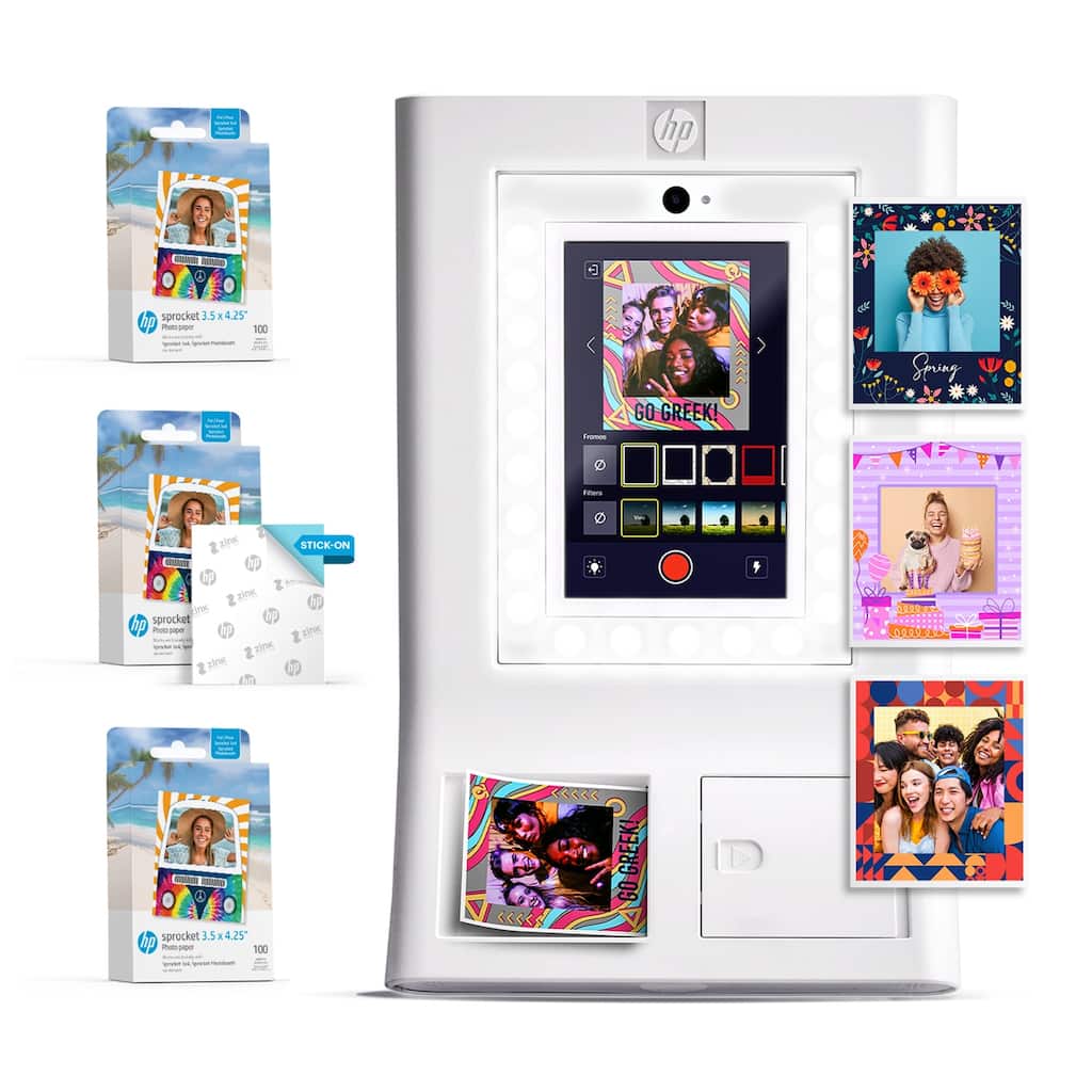 HP Sprocket Photobooth 3x4" Photo Printer (White) Bundle w/3.5 x 4.25” Zink Photo Paper (300 Sheets) - White