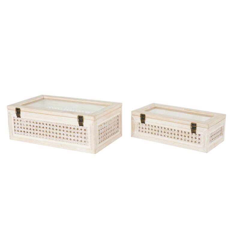Metal Handmade Woven Storage Box with Bronze Latches and Tempered Glass Tops - Set of 2 Cream - Roche River Decor