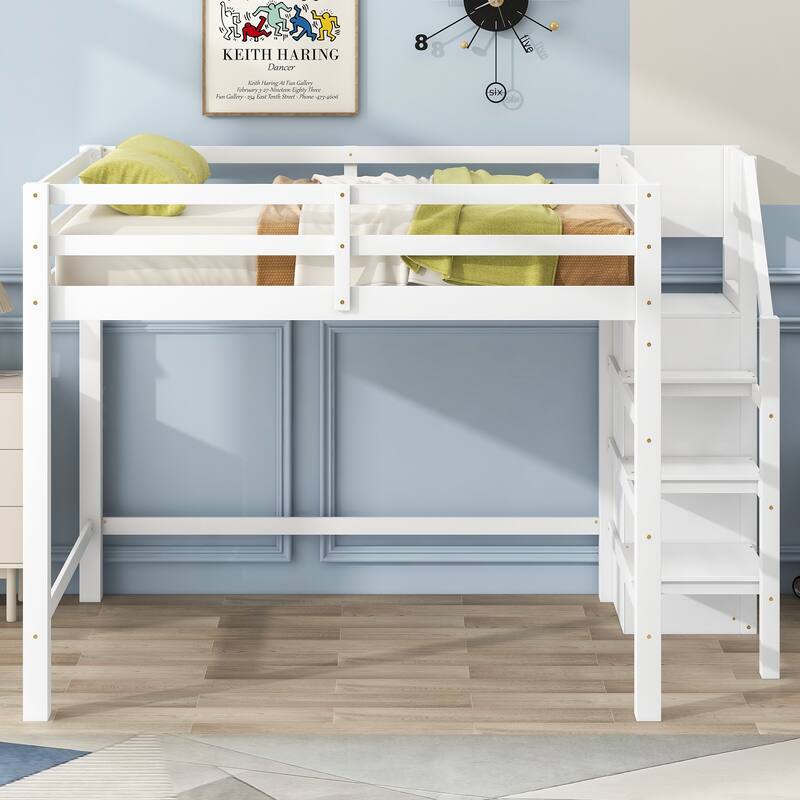 White Full Size Loft Bed with Storage Wardrobe & Staircase, Space-Saving Design